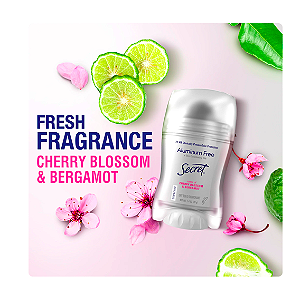 Desodorante secret sem alumínio clinicamente comprovado, com aroma de flor de cerejeira e bergamota.