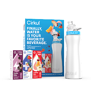Kit inicial de garrafa de água Cirkul de aço inoxidável de 650 ml com 3 cartuchos aromatizados.