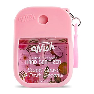 Wish Spray desinfetante para mãos de 35 ml com aroma de goiaba doce e coco fresco, com estojo de silicone e chaveiro.