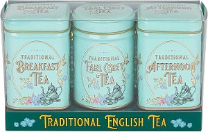Latas de chá vintage vitorianas da New English Teas com chá a granel.