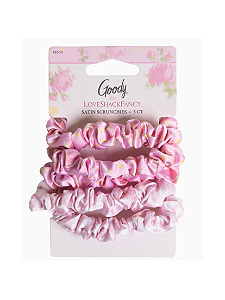 Scrunchies de Cetim Goody x Love Shack Fancy – Pacote com 5 – Estampas Ikat Rose e Coquette Bow