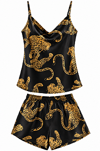 Pijama Feminino Animal Print Leopardo – Regata de Alças + Short Preto 2 Peças