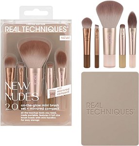 Real Techniques Novo kit de mini pincéis Nudes On The Glow, conjunto de 6 peças com espelho compacto
