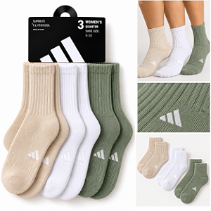 Kit 3 Pares de Meias Adidas Femininas Quarter – Branco, Verde e Bege