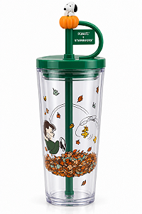 Copo Tumbler Snoopy Peanuts + Starbucks com Canudo e Tampa Verde – Edição Temática