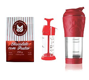 Café chocolate com frutas 250g + Cafeteira + Espumadora