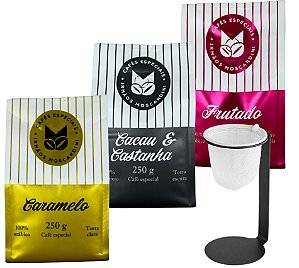 Kit Café Cacau e Castanhas 250g + Café Caramelo 250g + Café Frutado 250g + Mini Coador Pressca