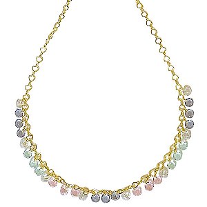 COLAR DOURADO COM CORAÇÕES E CRISTAIS COLORIDOS