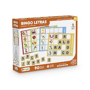 Bingo Letras Junges – 90 Peças em Madeira | Jogo Educativo para Alfabetização | 4 Cartelas