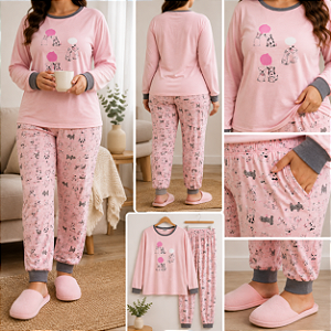 Pijama Plus Cachorrinho Rosa Moletinho Feminino |Quentinho