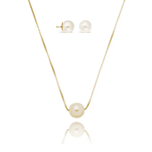 Conjunto Colar e Brinco Pérola Banhado a Ouro