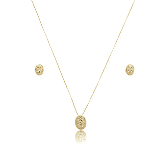 Conjunto Colar e Brinco Oval Banhado a Ouro