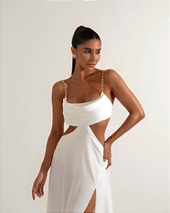 Vestido com Fenda Ariella Strass Branco