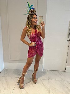 Vestido Curto em Micro Tule Gabriela Pink