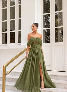 Vestido Longo Drapeado Verde Oliva