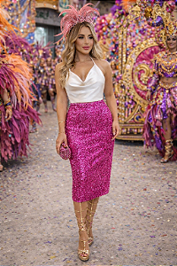 Saia Mídi Rosas de Ouro Pink