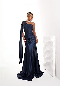 Vestido Longo Um Ombro Azul Marinho