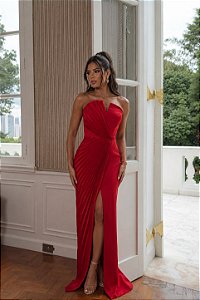 Vestido Longo Tomara que caia Plissado Sarah Vermelho