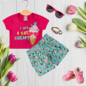 Conjunto Interativo Verão Menina I Am Cat Cream Pink