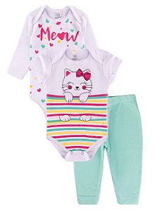 Kit Body 3 peças Bebê Menina Gato Meow