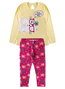 Conjunto Juvenil Menina Meia Estação Gato Floral