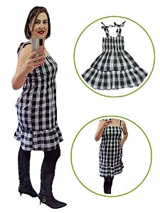 Kit c/ 2 Vestidos Tal Mãe Tal Filha Xadrez Preto Alcinha Curto