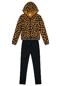 Conjunto Infantil Menina Jaqueta Legging Corações Marrom