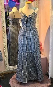 Vestido Aurora Adulto Xadrez Longo Preto e Branco