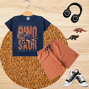Conjunto Verão infantil Menino Dinosaur Marrom