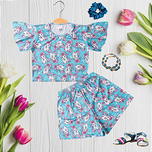Conjunto Infantil Verão Menina Gatinha Unicórnio