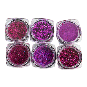 Kit glitter, folha de ouro e pó cromado 6 Unidades - Cor Roxo- A036