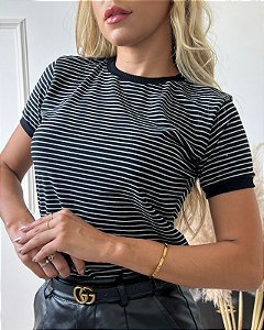 TSHIRT FEMININA ALGODÃO COM ELASTANO LISTRADA PRETA