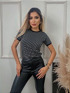 TSHIRT FEMININA ALGODÃO LISTRADA PRETA
