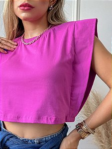 *CROPED* FEMININA ALGODÃO MUSCLE TEE MESCLA FUCSIA