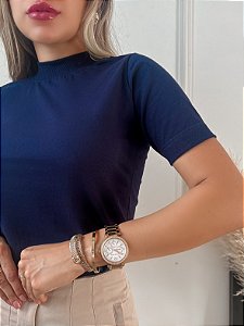 TSHIRT FEMININA ALGODÃO GOLA ALTA AZUL MARINHO