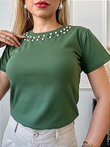 TSHIRT FEMININA ALGODÃO LUXO PEROLAS COLAR VERDE MILITAR