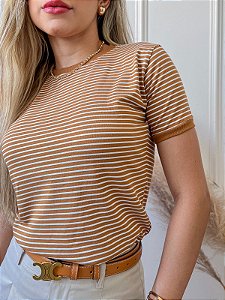 TSHIRT FEMININA ALGODÃO COM ELASTANO LISTRADA  CARAMELO