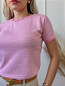 TSHIRT FEMININA ALGODÃO COM ELASTANO LISTRADA  ROSA BEBÊ