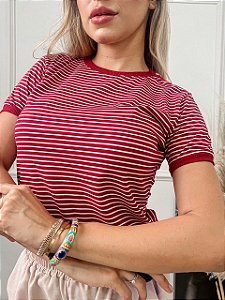 TSHIRT FEMININA ALGODÃO COM ELASTANO LISTRADA VERMELHA