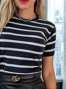 TSHIRT FEMININA 100% ALGODÃO PENTEADO LISTRADA PRETA