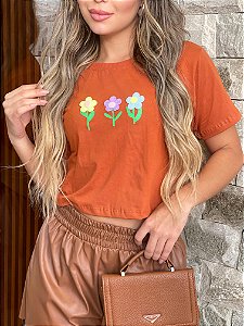 *CROPED* FEMININA ALGODÃO  3 FLORZINHAS / TERRA COTA