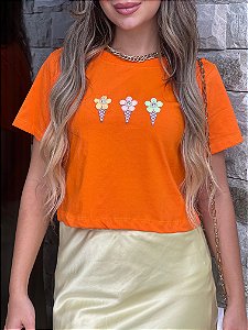 *CROPED* FEMININA ALGODÃO  3 SORVETINHOS / LARANJA