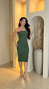 VESTIDO RIBANA CANELADA MIDI COM FENDA VERDE MILITAR