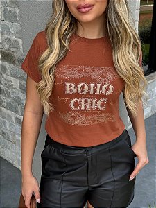 TSHIRT FEMININA ALGODÃO BOHO CHIC / CHOCOLATE