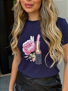 TSHIRT FEMININA ALGODÃO BATOM E ROSA / AZUL MARINHO