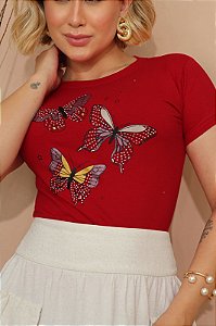 TSHIRT FEMININA ALGODÃO 3 BORBOLETAS / VERMELHA