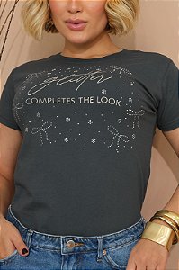 TSHIRT FEMININA ALGODÃO GLITER COM STRASS / CINZA CHUMBO
