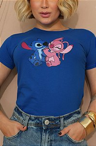 TSHIRT FEMININA ALGODÃO STITCH E ANGEL / AZUL BIC