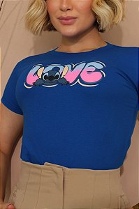 TSHIRT FEMININA ALGODÃO LOVE STITCH / AZUL BIC