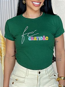 TSHIRT FEMININA ALGODÃO BORDADO FÉ GRATIDÃO  / VERDE BANDEIRA